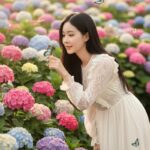 Chân dung cô gái Á Đông giữa vườn hoa cẩm tú cầu đầy màu sắc và ánh sáng lãng mạn