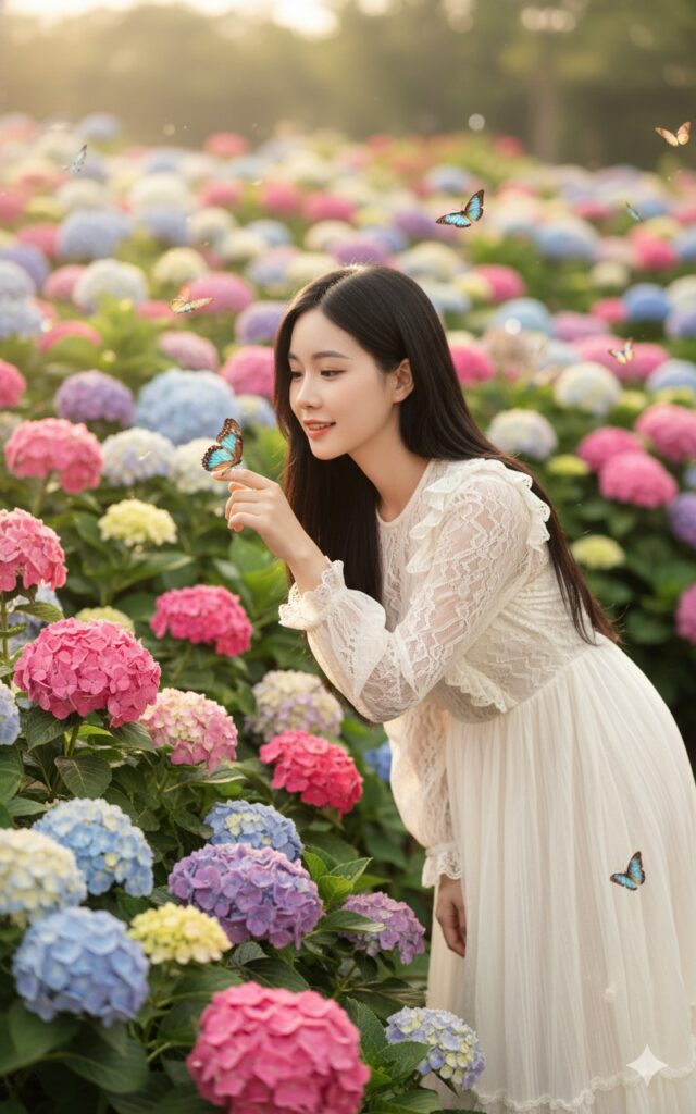 Chân dung cô gái Á Đông giữa vườn hoa cẩm tú cầu đầy màu sắc và ánh sáng lãng mạn