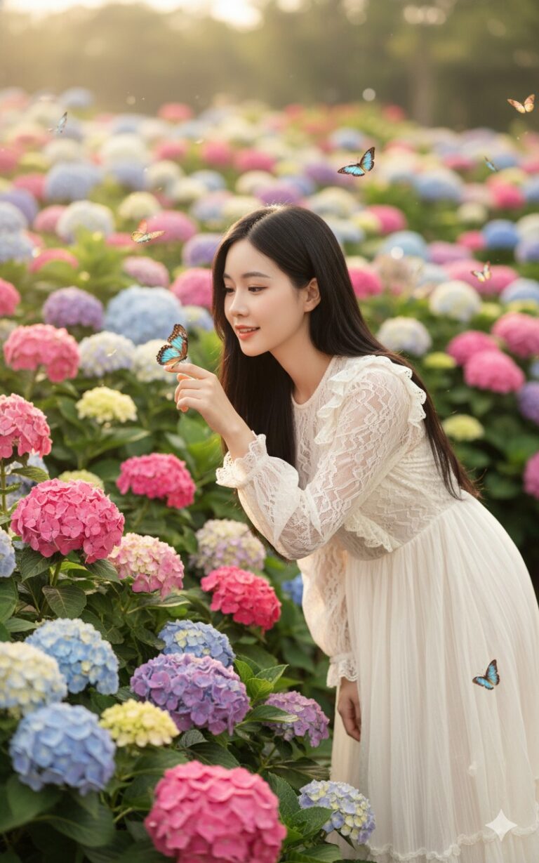 Chân dung cô gái Á Đông giữa vườn hoa cẩm tú cầu đầy màu sắc và ánh sáng lãng mạn