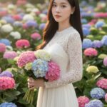 Chân dung cô gái châu Á xinh đẹp giữa vườn cẩm tú cầu rực rỡ
