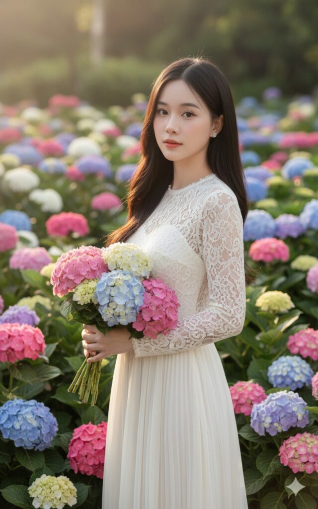 Chân dung cô gái châu Á xinh đẹp giữa vườn cẩm tú cầu rực rỡ