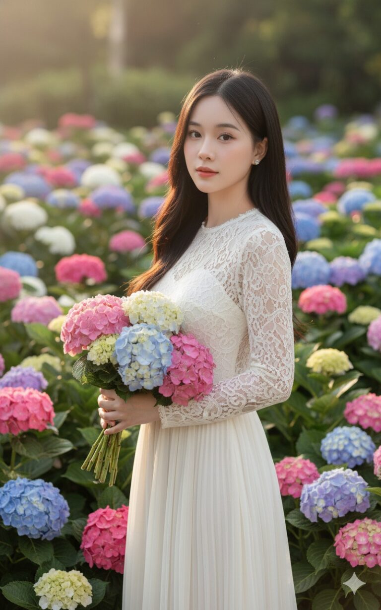 Chân dung cô gái châu Á xinh đẹp giữa vườn cẩm tú cầu rực rỡ