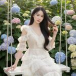 Cô gái xinh đẹp giữa vườn hoa cẩm tú cầu trong ảnh 8k chất lượng cao