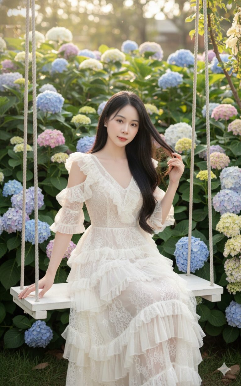 Cô gái xinh đẹp giữa vườn hoa cẩm tú cầu trong ảnh 8k chất lượng cao