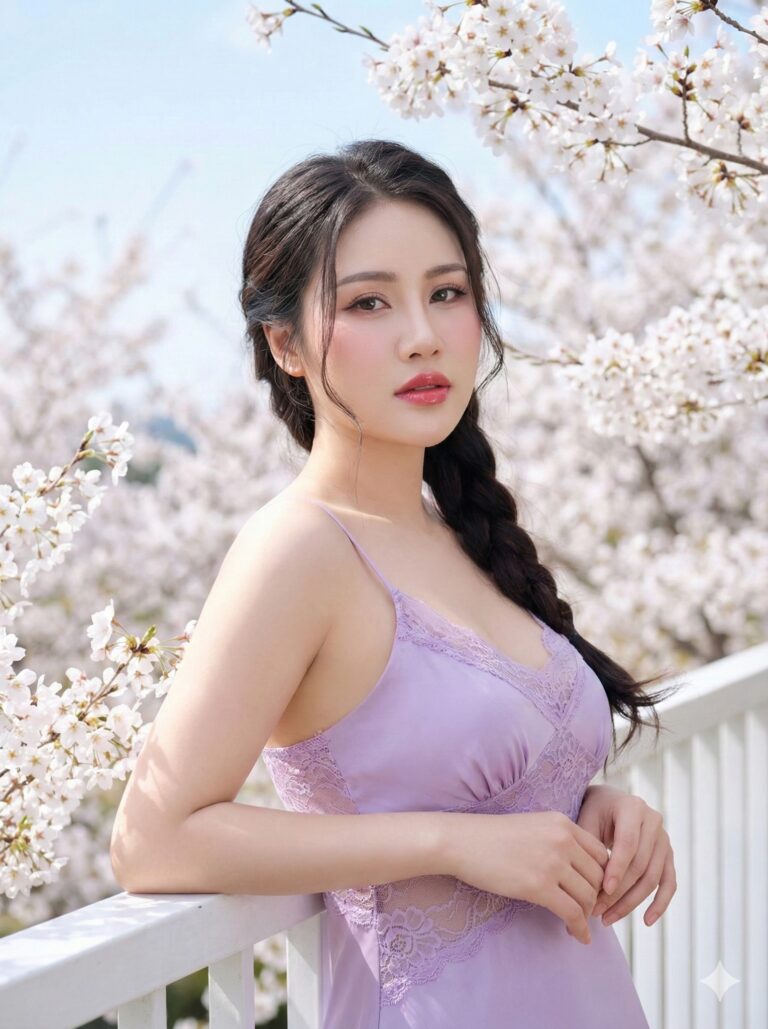 Chân dung phụ nữ đẹp với phong cách tự nhiên bên hoa anh đào mùa xuân