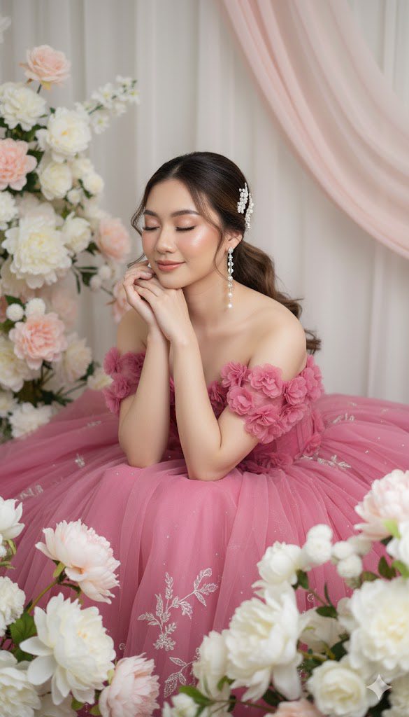 Bức chân dung đẹp như mơ của một cô gái trong bộ váy hồng rực rỡ
