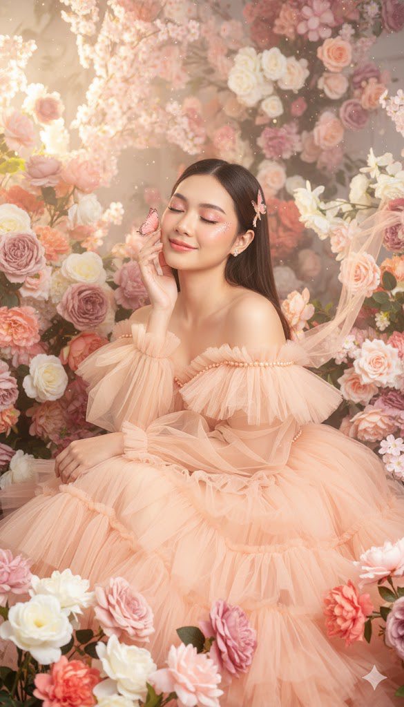Tạo dáng như nữ thần giữa vườn hoa rực rỡ với phong cách mơ mộng đầy ấn tượng.