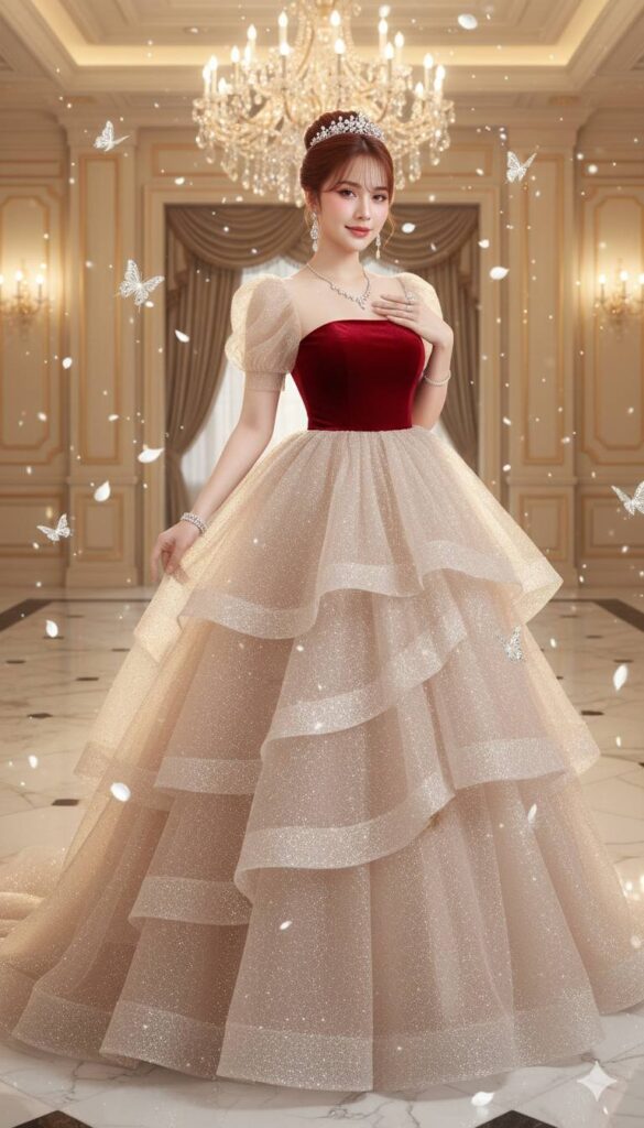 Tạo hình ảnh nàng công chúa với váy dạ hội lộng lẫy và chi tiết hoàn hảo