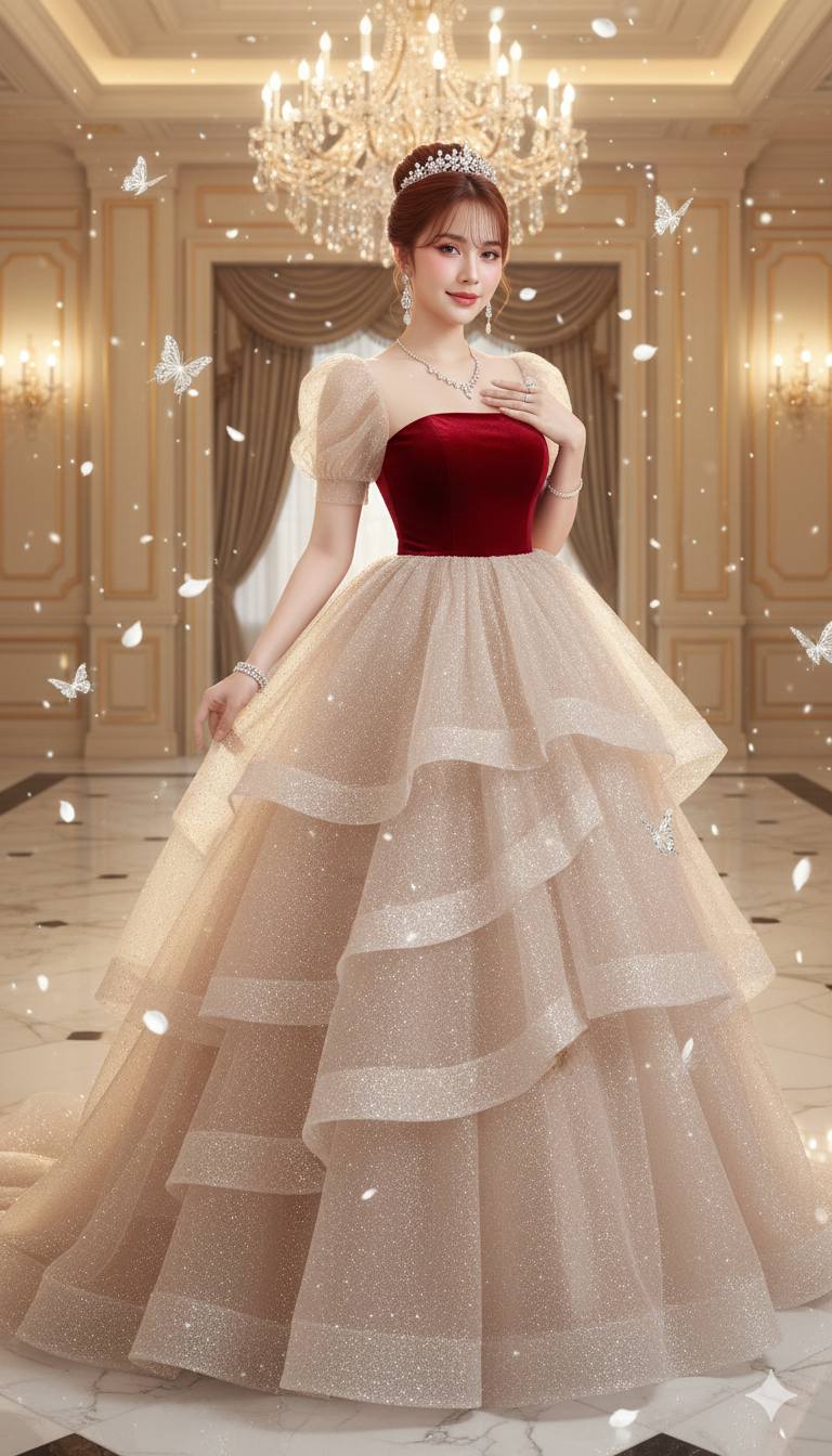 Tạo hình ảnh nàng công chúa với váy dạ hội lộng lẫy và chi tiết hoàn hảo