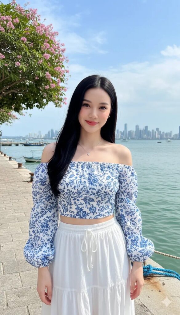 Cô gái trẻ xinh đẹp bên bến tàu trong nắng mùa xuân rực rỡ