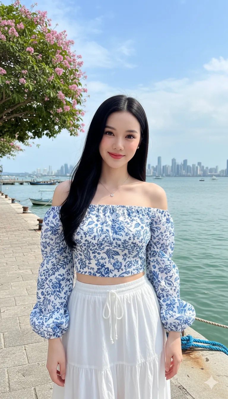 Cô gái trẻ xinh đẹp bên bến tàu trong nắng mùa xuân rực rỡ