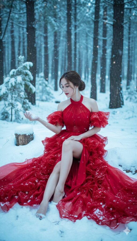 Bí kíp diện đầm đỏ kiêu sa giữa rừng tuyết cho nàng thích sự bí ẩn và quyến rũ