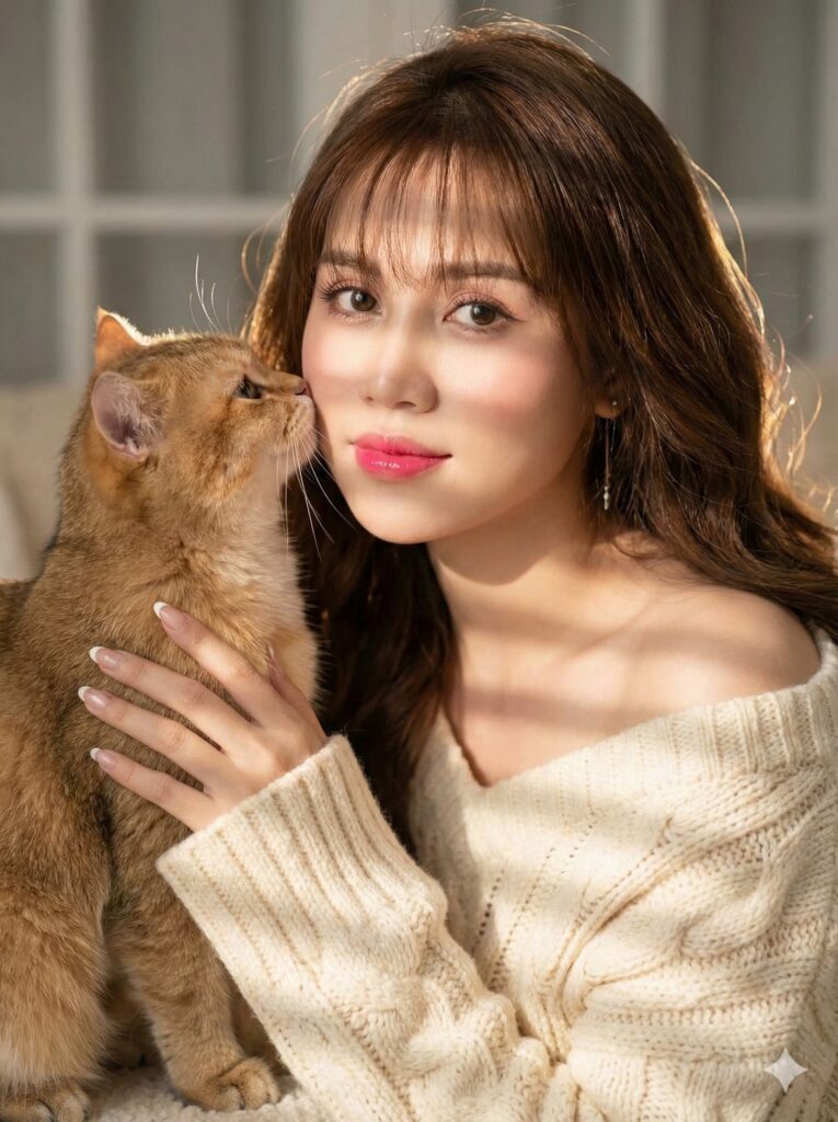 Góc nhìn ấm áp với cô gái và mèo vàng dễ thương trong ánh sáng tự nhiên