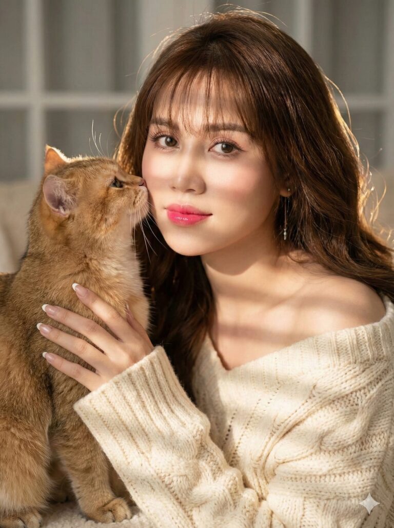 Góc nhìn ấm áp với cô gái và mèo vàng dễ thương trong ánh sáng tự nhiên