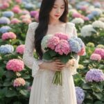 Chân dung cô gái châu Á xinh đẹp giữa vườn cẩm tú cầu rực rỡ 8k chất lượng cao