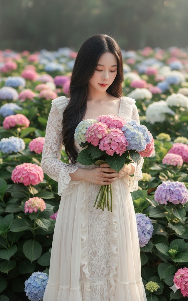 Chân dung cô gái châu Á xinh đẹp giữa vườn cẩm tú cầu rực rỡ 8k chất lượng cao