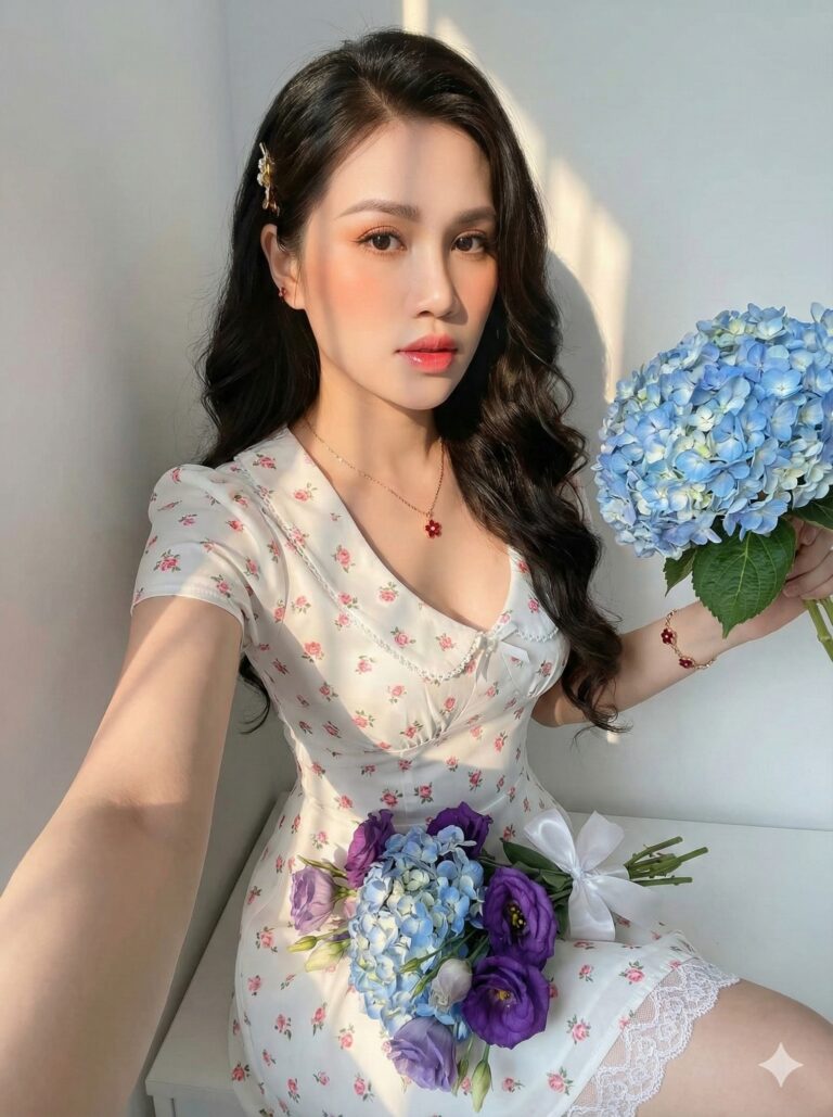 Chân dung 8K tuyệt đẹp của cô gái trong không gian sáng và đầy sắc màu hoa tươi