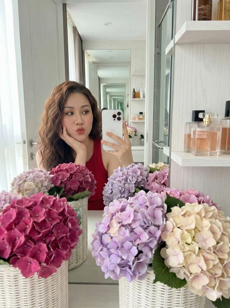 Góc nhìn gần: Cô gái xinh đẹp chụp selfie trong không gian đầy hoa và ánh sáng ấm áp