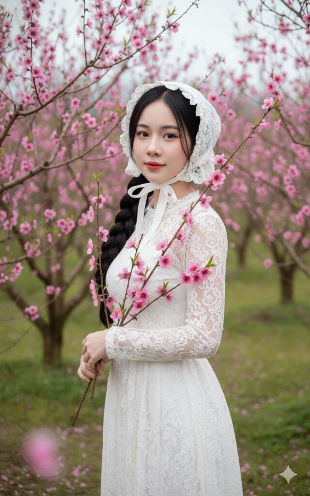 Cô gái Việt giữa vườn đào nở rộ trong hình ảnh chân dung siêu thực 8K đầy mê hoặc