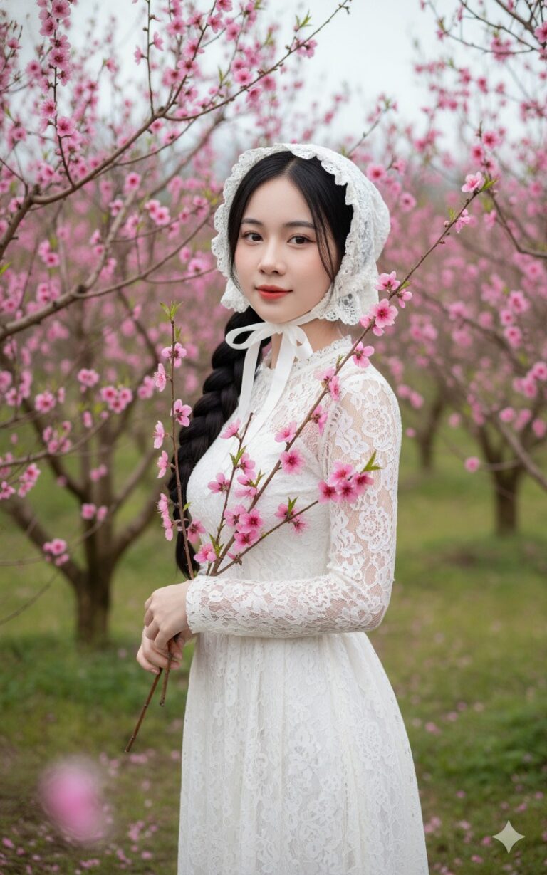 Cô gái Việt giữa vườn đào nở rộ trong hình ảnh chân dung siêu thực 8K đầy mê hoặc
