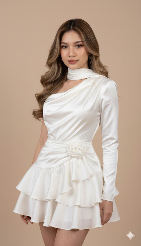 Chân dung thời trang quyến rũ với váy mini trắng một bên vai nổi bật