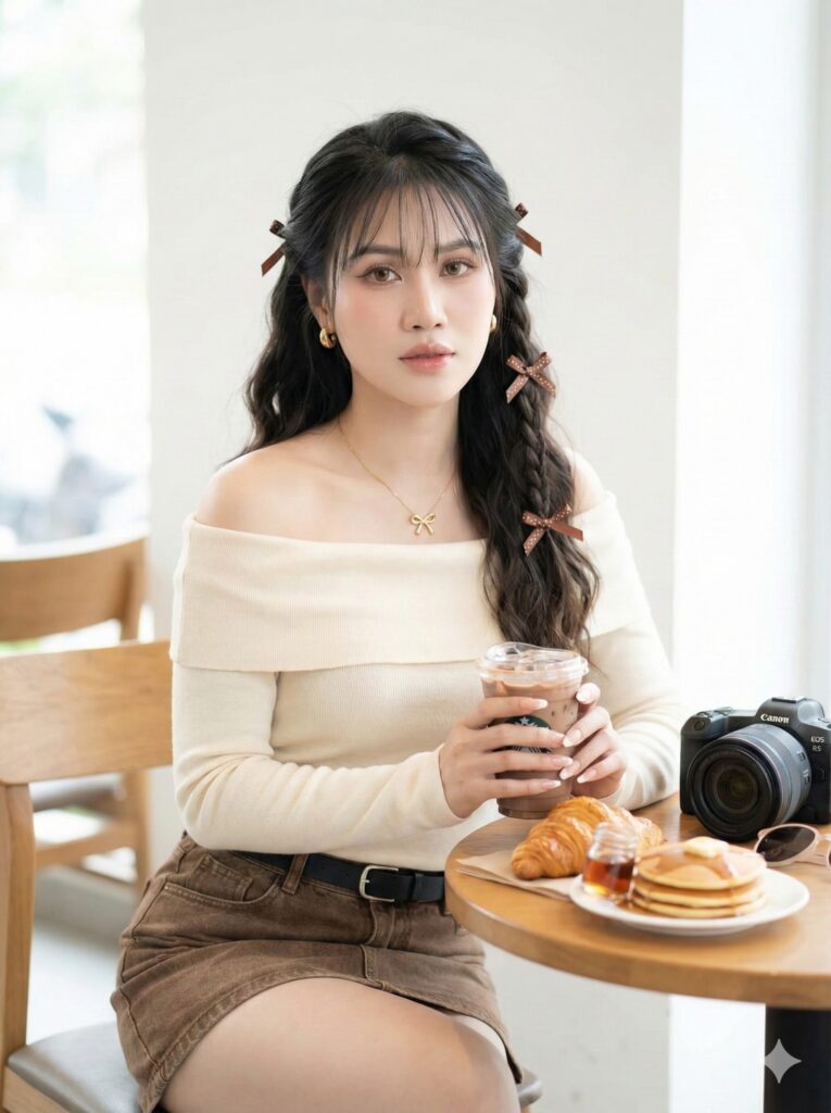 Cô gái duyên dáng trong không gian cà phê với phong cách nhẹ nhàng và thu hút