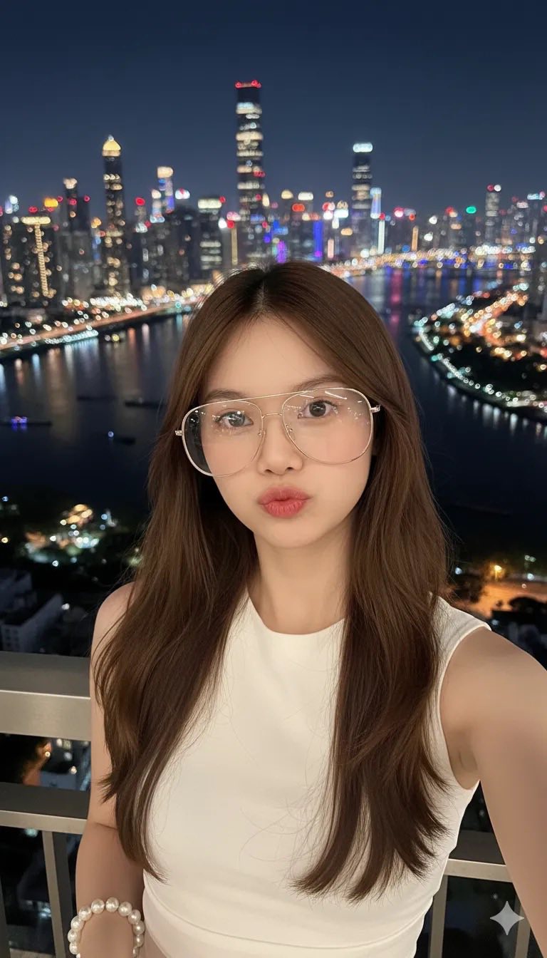 Chụp ảnh selfie bên dòng sông với ánh đèn thành phố lung linh