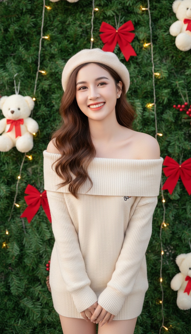 Ảnh chụp cô gái giữa bối cảnh lễ hội ấm cúng chất lượng 8k tươi sáng và tự nhiên.
