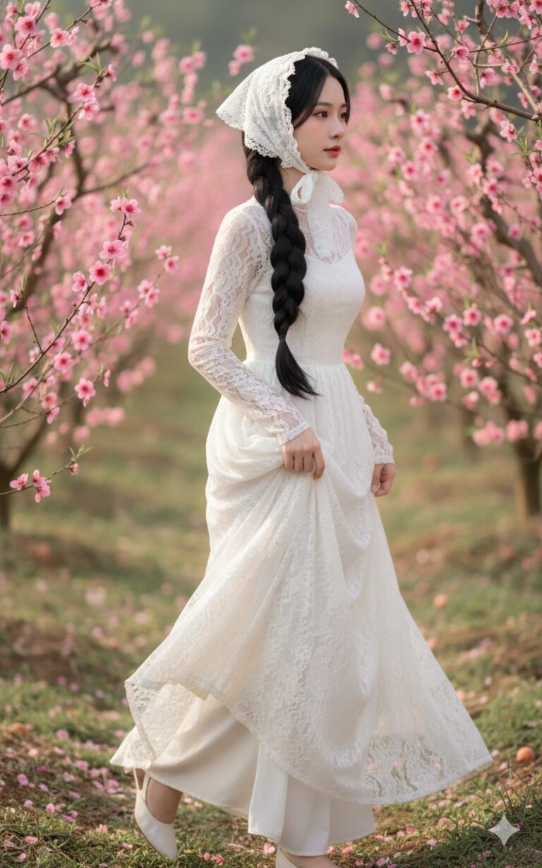 Chân dung cô gái Việt trong vườn đào lãng mạn giữa không gian mùa xuân yên bình
