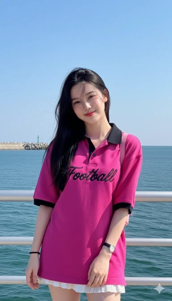 Cô gái trẻ duyên dáng bên bờ biển ngày nắng đẹp