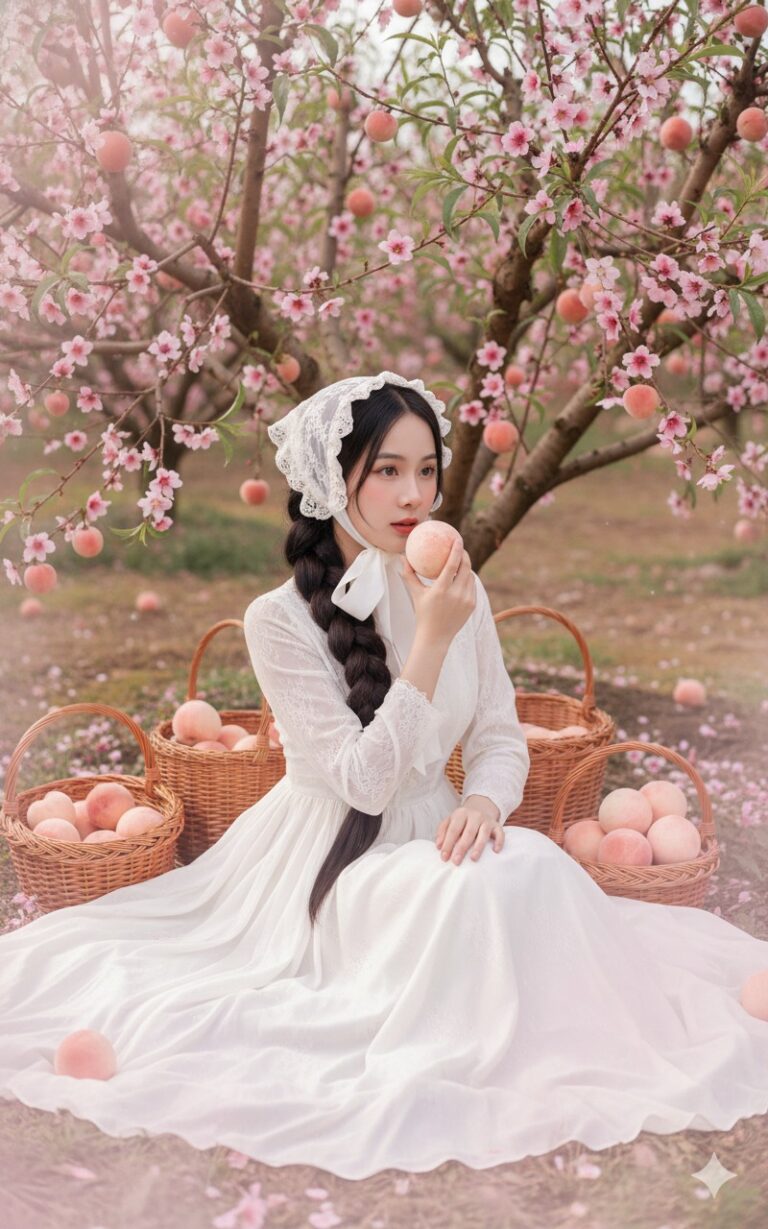 Chân dung cô gái Việt xinh đẹp giữa vườn đào với váy trắng và ánh sáng pastel