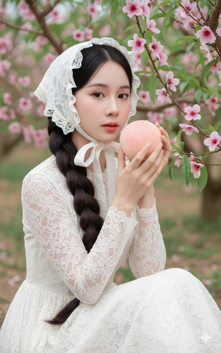 Chân dung cô gái Việt với vẻ đẹp tựa mơ trong vườn đào mùa xuân 8K sắc nét