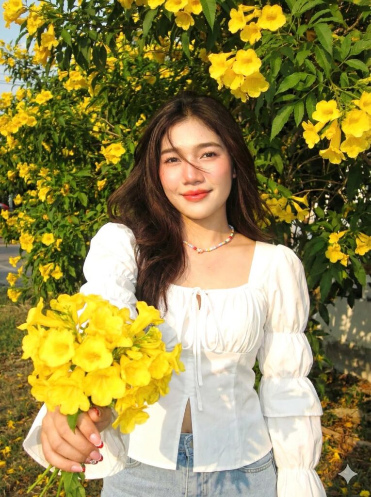 Chân dung cô gái trẻ bên cây hoa vàng rực rỡ trong trang phục vintage cá tính