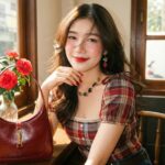 Chân dung cô gái châu Á xinh đẹp trong quán cafe vintage ấm áp