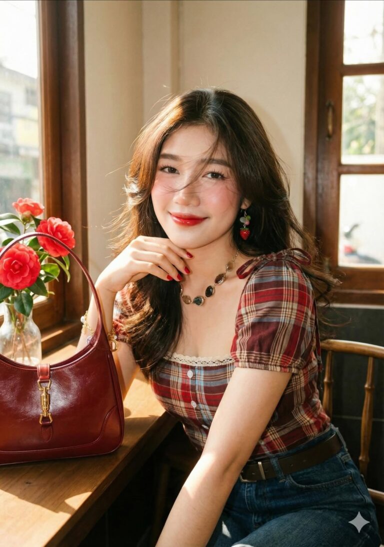 Chân dung cô gái châu Á xinh đẹp trong quán cafe vintage ấm áp