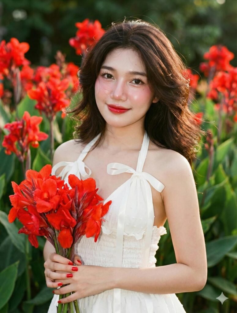 Chân dung cô gái châu Á xinh đẹp giữa vườn hoa canna rực rỡ