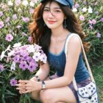 Chân dung cô gái châu Á xinh đẹp giữa vườn hoa Ruellia tuberosa rực rỡ