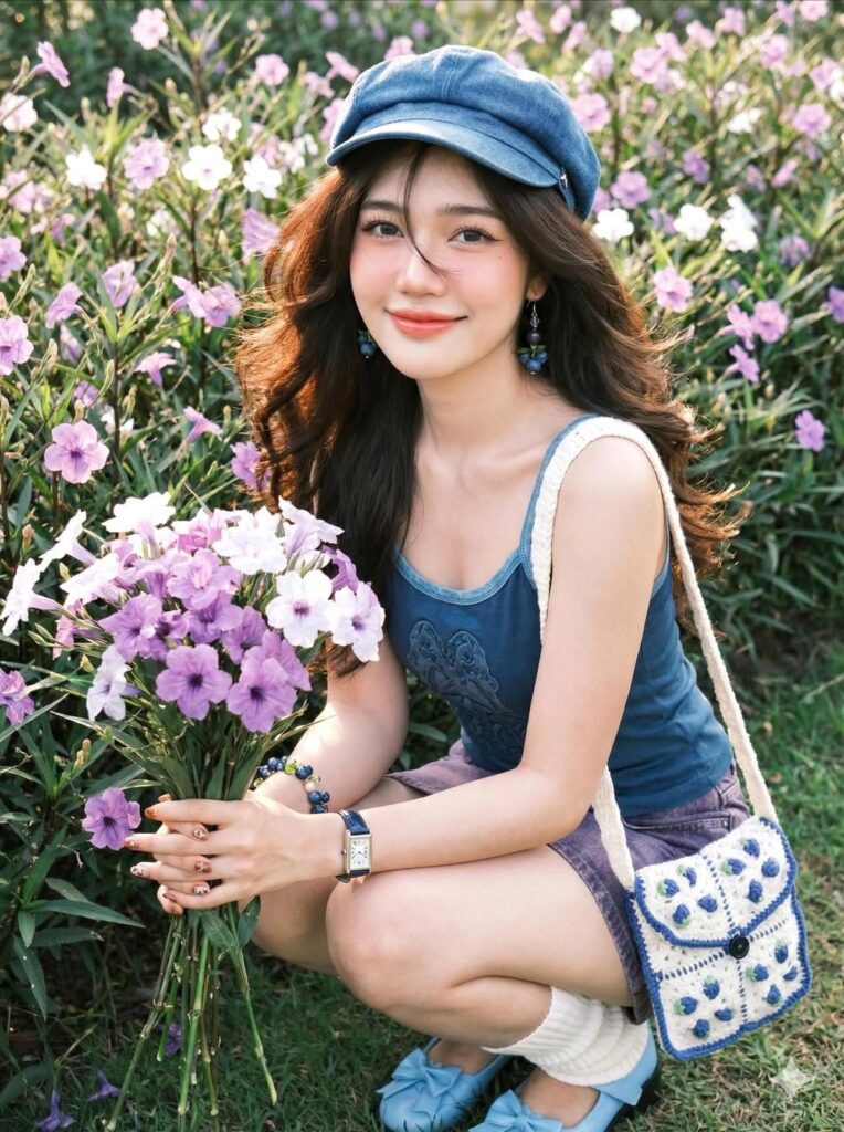 Chân dung cô gái châu Á xinh đẹp giữa vườn hoa Ruellia tuberosa rực rỡ