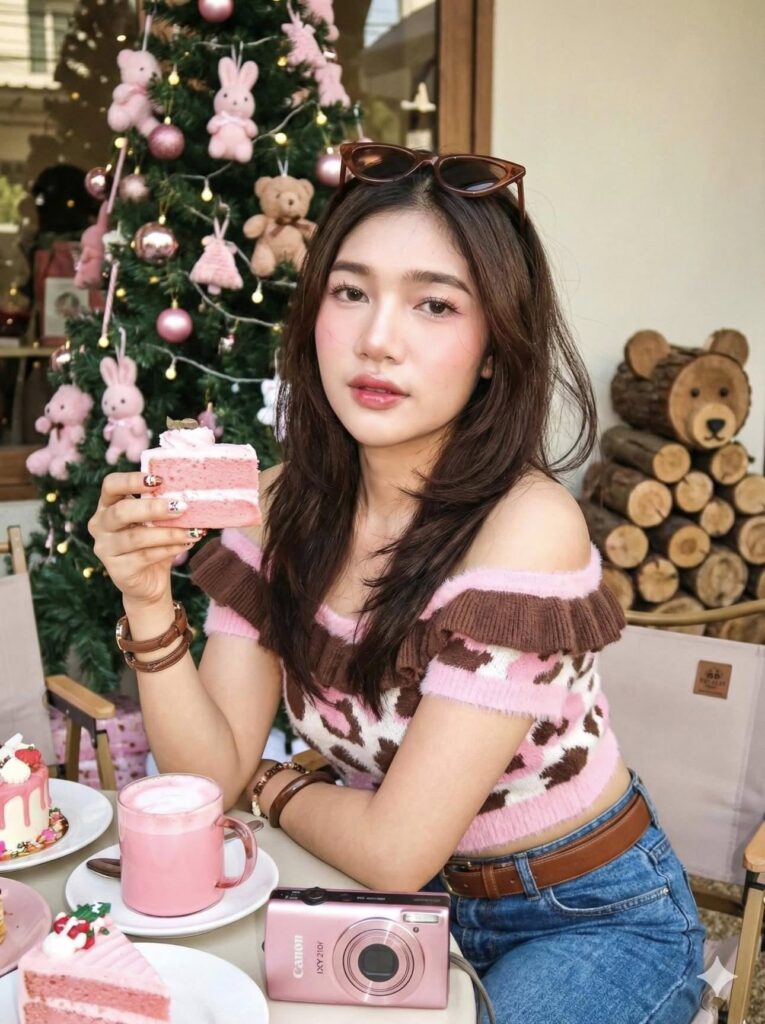 Chân dung cô gái trẻ phong cách Giáng sinh tại quán cà phê dễ thương