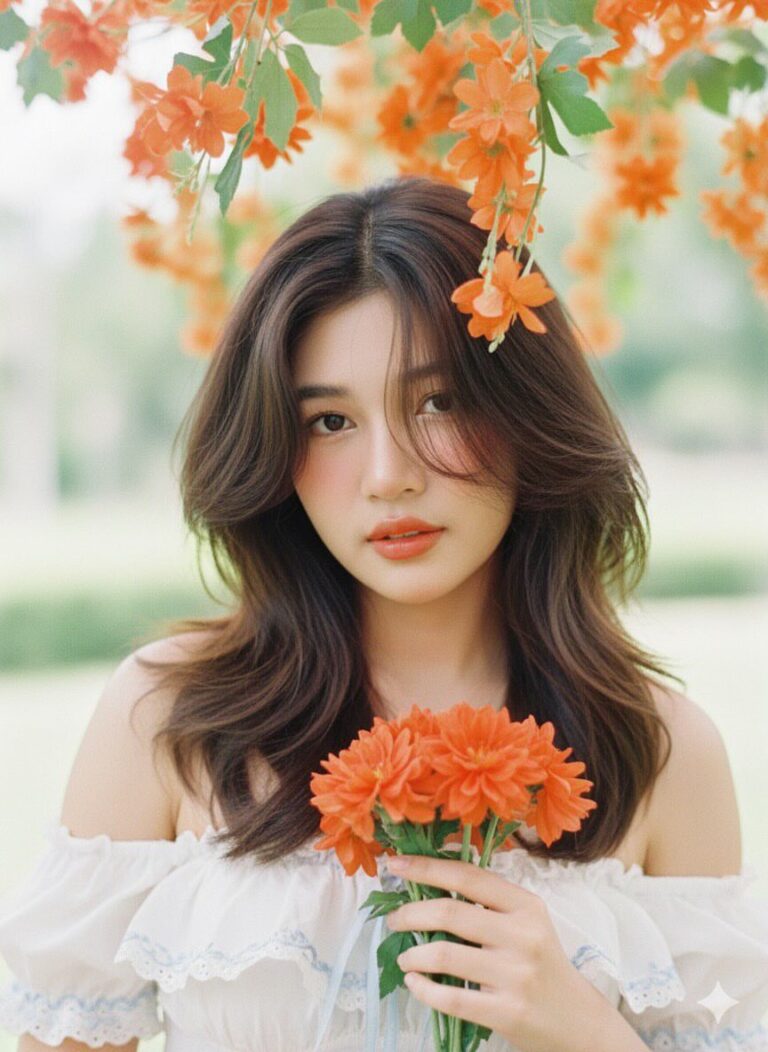 Chân dung cô gái trẻ giữa cửa hàng hoa phong cách và ánh sáng ấm áp