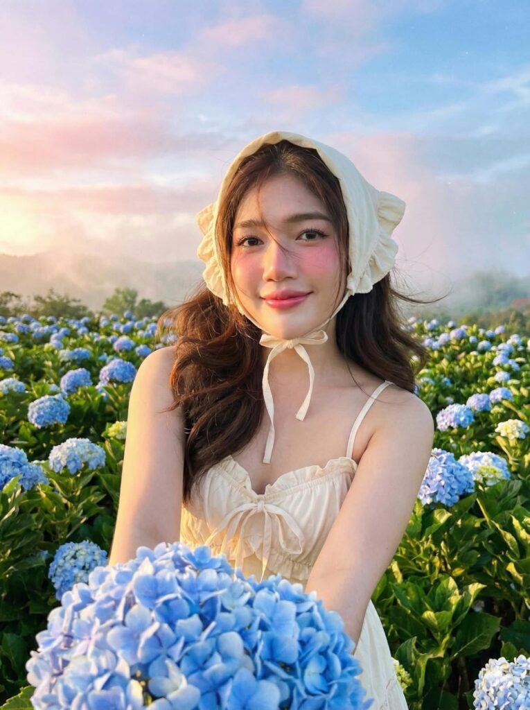 Cô gái xinh đẹp giữa thiên nhiên núi rừng miền Bắc Thái Lan và những bông hoa hydrangeas xanh