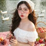 Bức chân dung lôi cuốn của cô gái châu Á bên bờ sông vào buổi picnic mùa hè