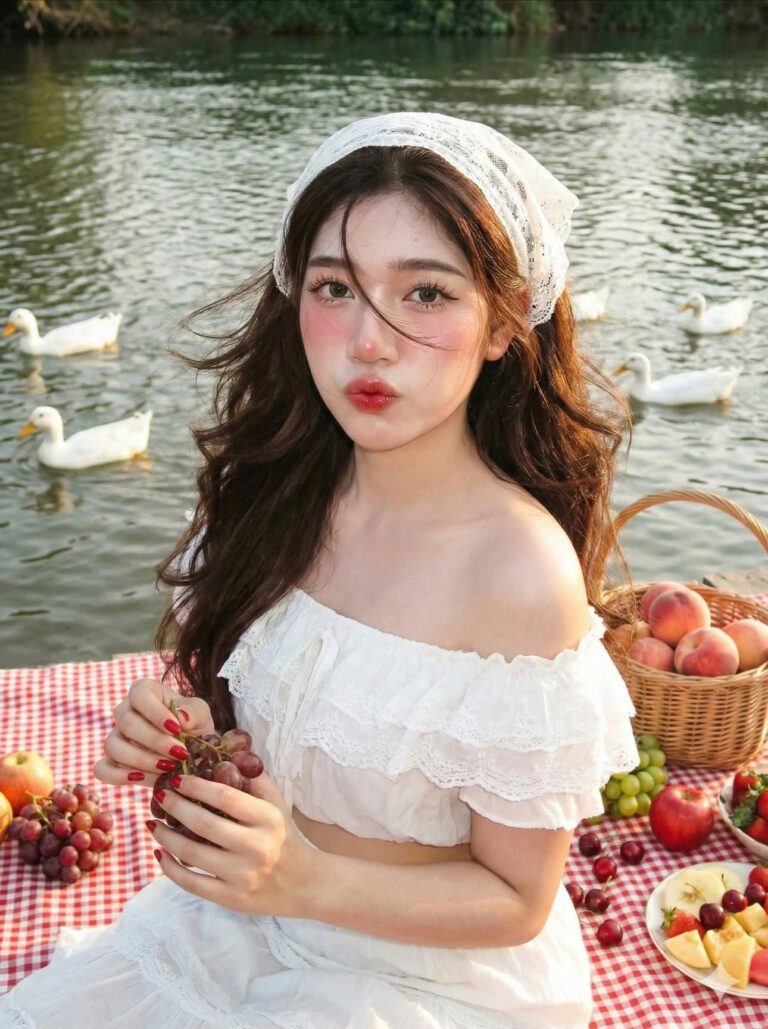 Bức chân dung lôi cuốn của cô gái châu Á bên bờ sông vào buổi picnic mùa hè