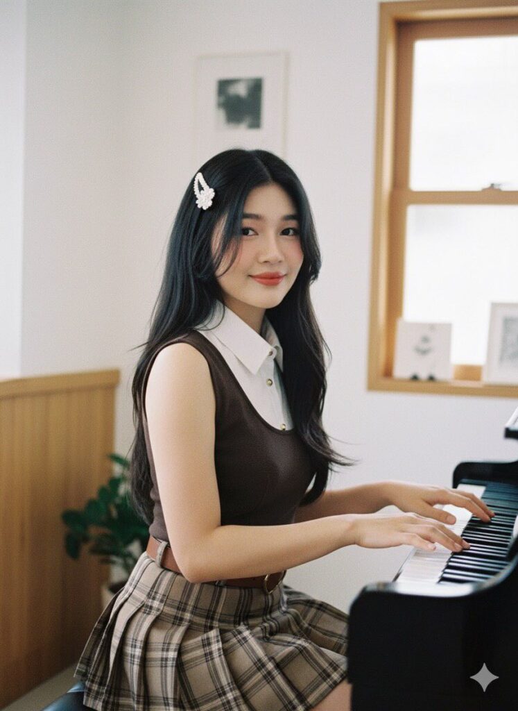 Chân dung cô gái trẻ thanh lịch bên cây đàn piano trong không gian vintage dịu dàng