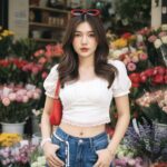 Chân dung cô gái trẻ giữa cửa hàng hoa đầy màu sắc và phong cách thời trang hiện đại