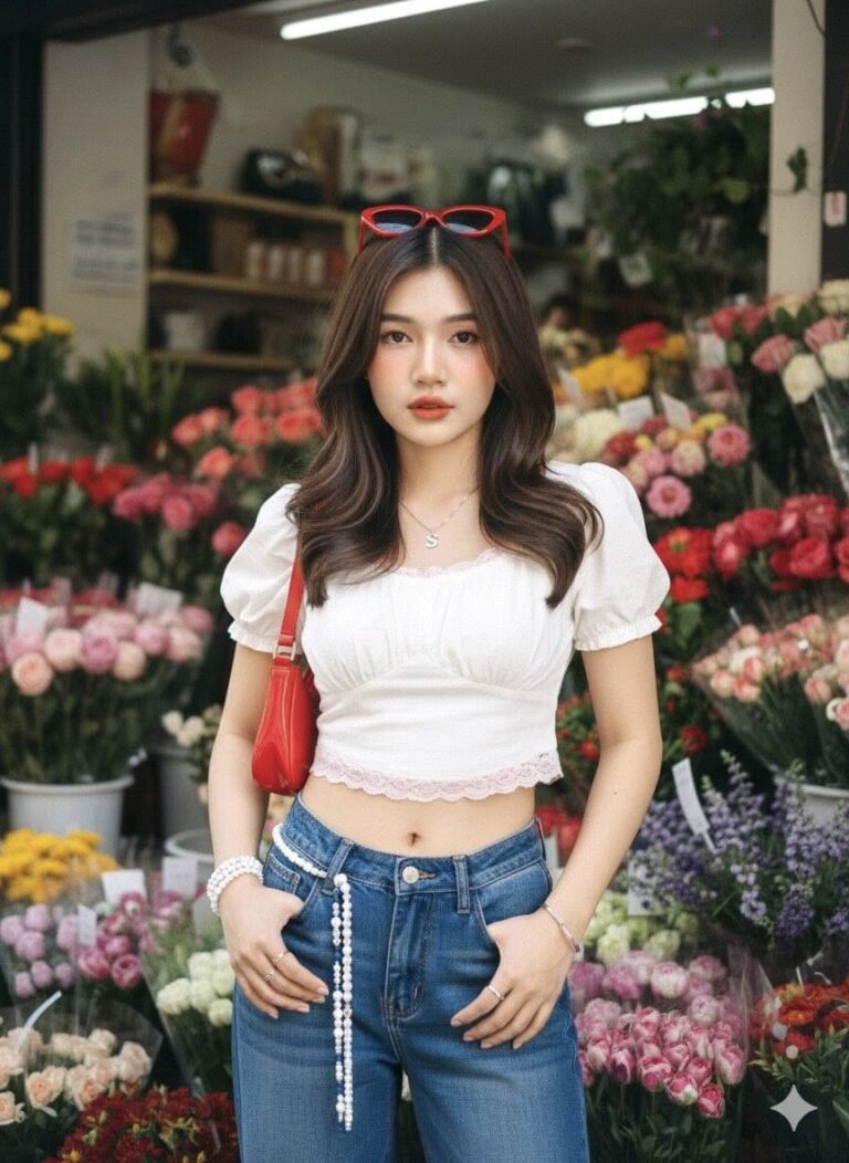 Chân dung cô gái trẻ giữa cửa hàng hoa đầy màu sắc và phong cách thời trang hiện đại