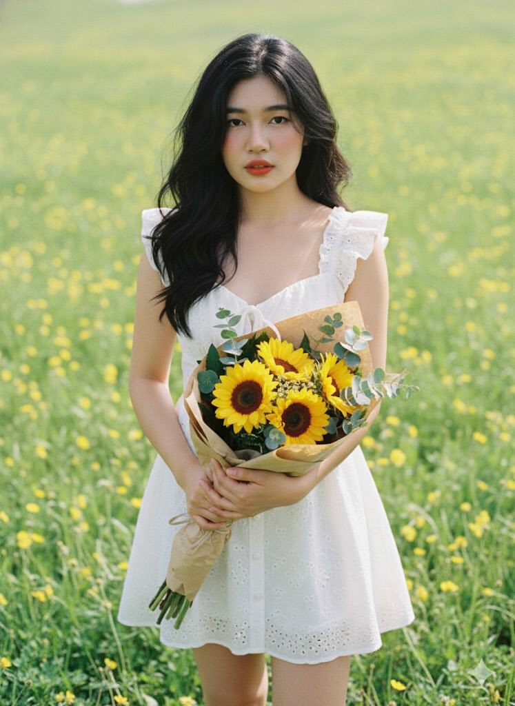 Chân dung nữ sinh dịu dàng trong váy trắng nổi bật giữa thiên nhiên rực rỡ