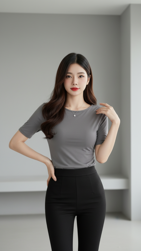 Thời trang hiện đại với áo phông xám tôn dáng và phong cách tự tin của bạn gái châu Á