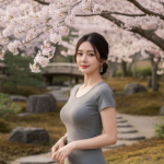 Chiếc áo cotton xám mềm mại trong khung cảnh vườn Nhật đầy hoa anh đào