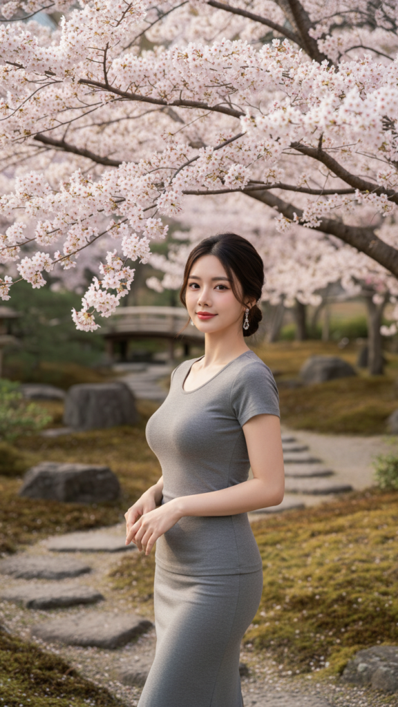 Chiếc áo cotton xám mềm mại trong khung cảnh vườn Nhật đầy hoa anh đào